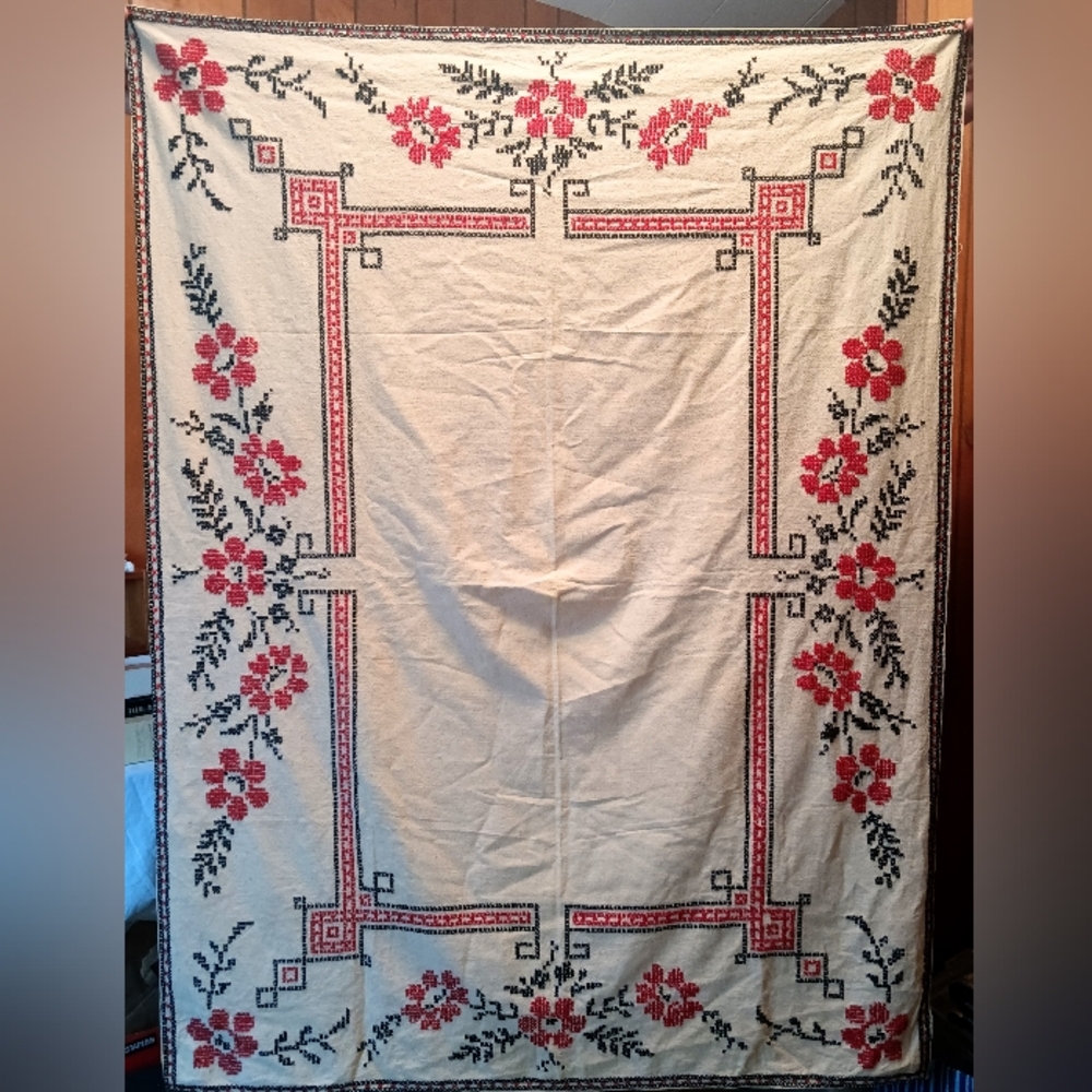 Vintage Floral Embroidered Tablecloth 80” x 96”.